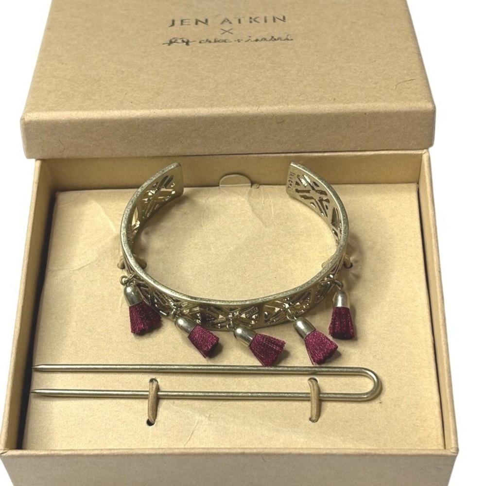 Jen Atkin X Chloe + Isabel Hair Bun Cuff Pin Set Gold Tone Cut Outs Tassels